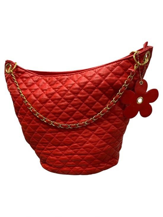 Handbags - Quilted Red Chain-Handle Tote Bag with Flower Charm